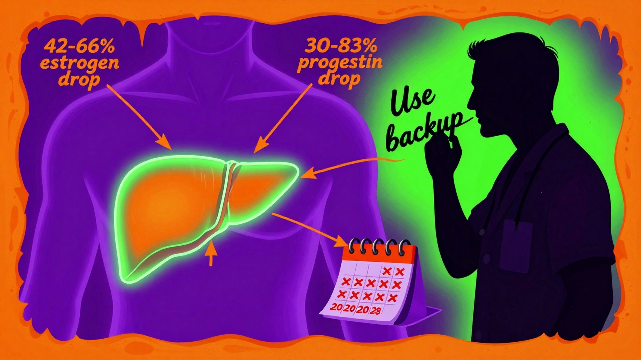 Human torso with glowing liver emitting hormone drop arrows, calendar marked with red X&#039;s, doctor whispering &#039;Use backup&#039;.