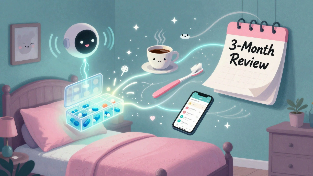 Morning routine linked to pill organizer via glowing threads and voice assistant.