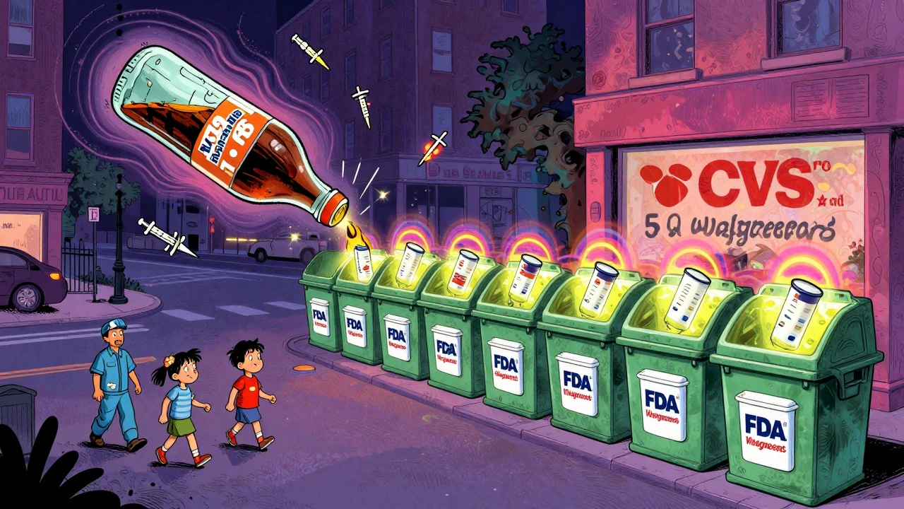 Needles flying from a soda bottle vs. safe disposal at pharmacy bins in vibrant psychedelic style