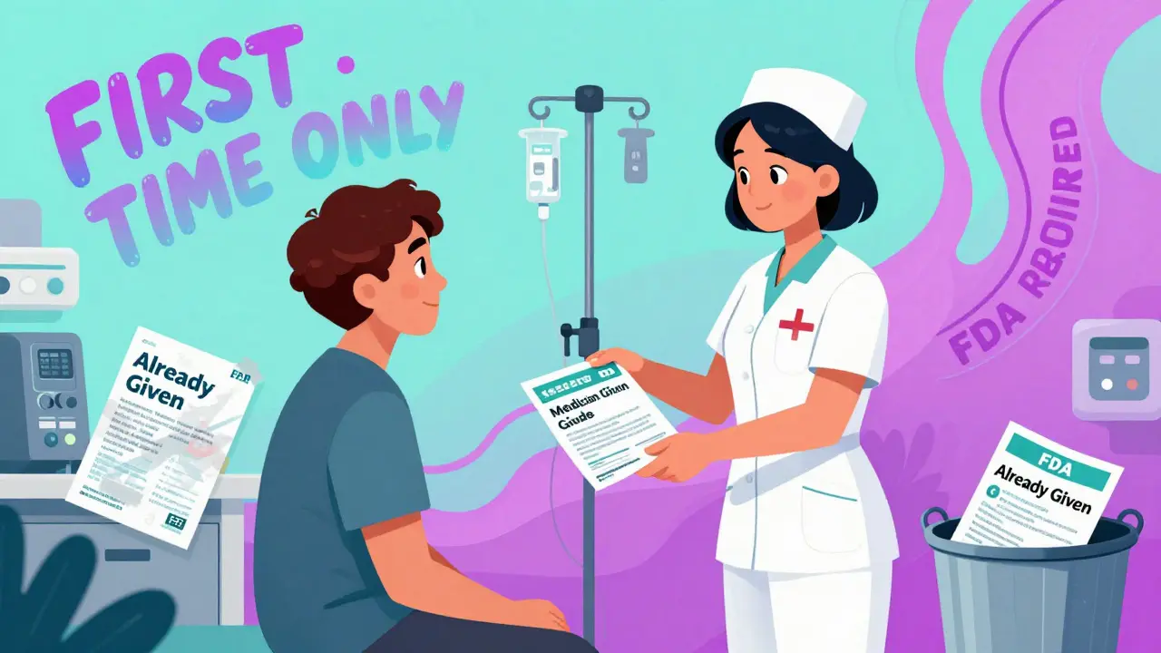 Nurse gives a first-time Medication Guide to a patient in an infusion center with abstract medical lines around them.