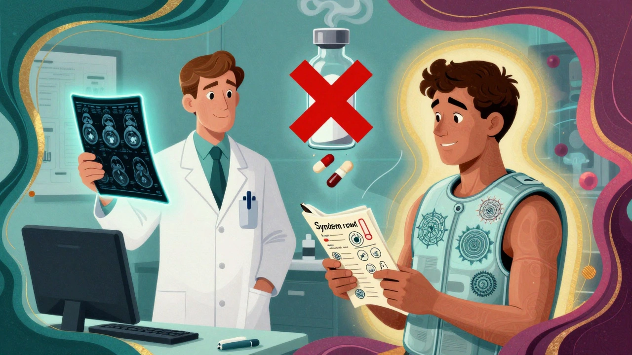 Patient and doctor reviewing MRI with cooling vest and symbol of discarded steroids in vibrant psychedelic medical setting.