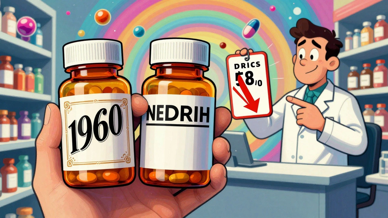 Patient holding two identical pill bottles, one branded, one generic, beside a pharmacist pointing to price tags.