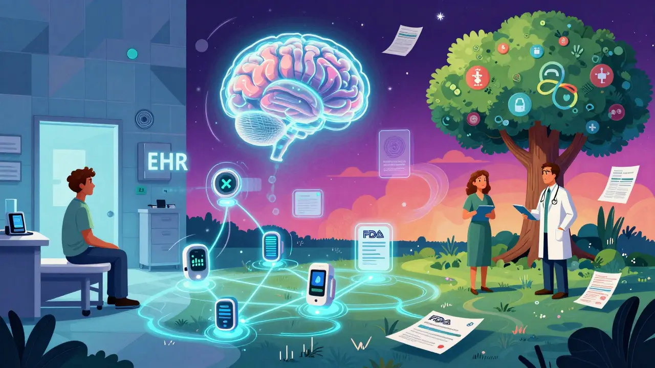 Patient moving from rigid trial room into flowing data landscape with AI and medical symbols.
