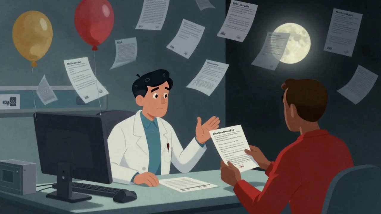 Patient receives a Medication Guide at hospital discharge as floating guides drift upward in a surreal scene.