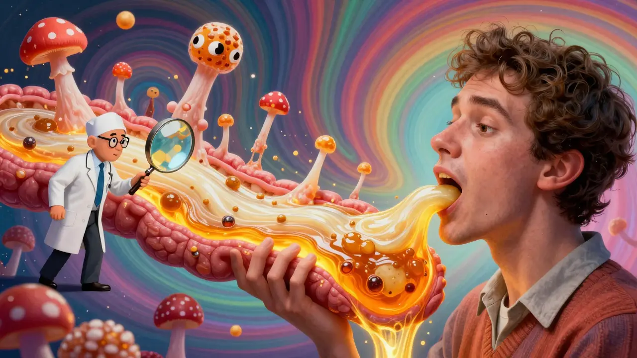 Patient swallowing glowing steroid slurry as yeast cells float nearby in psychedelic style.