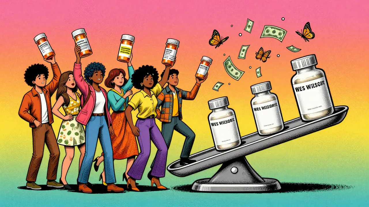 Patients holding brand and generic pills above a scale tipping toward generics, with dollar bills turning into butterflies.