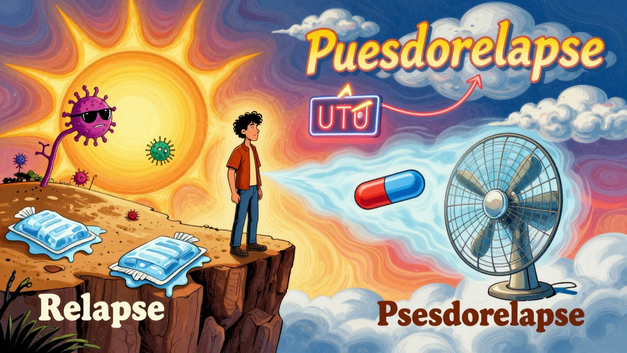 Person choosing between relapse and pseudorelapse paths surrounded by heat, infection, and cooling symbols in swirling 1960s style.