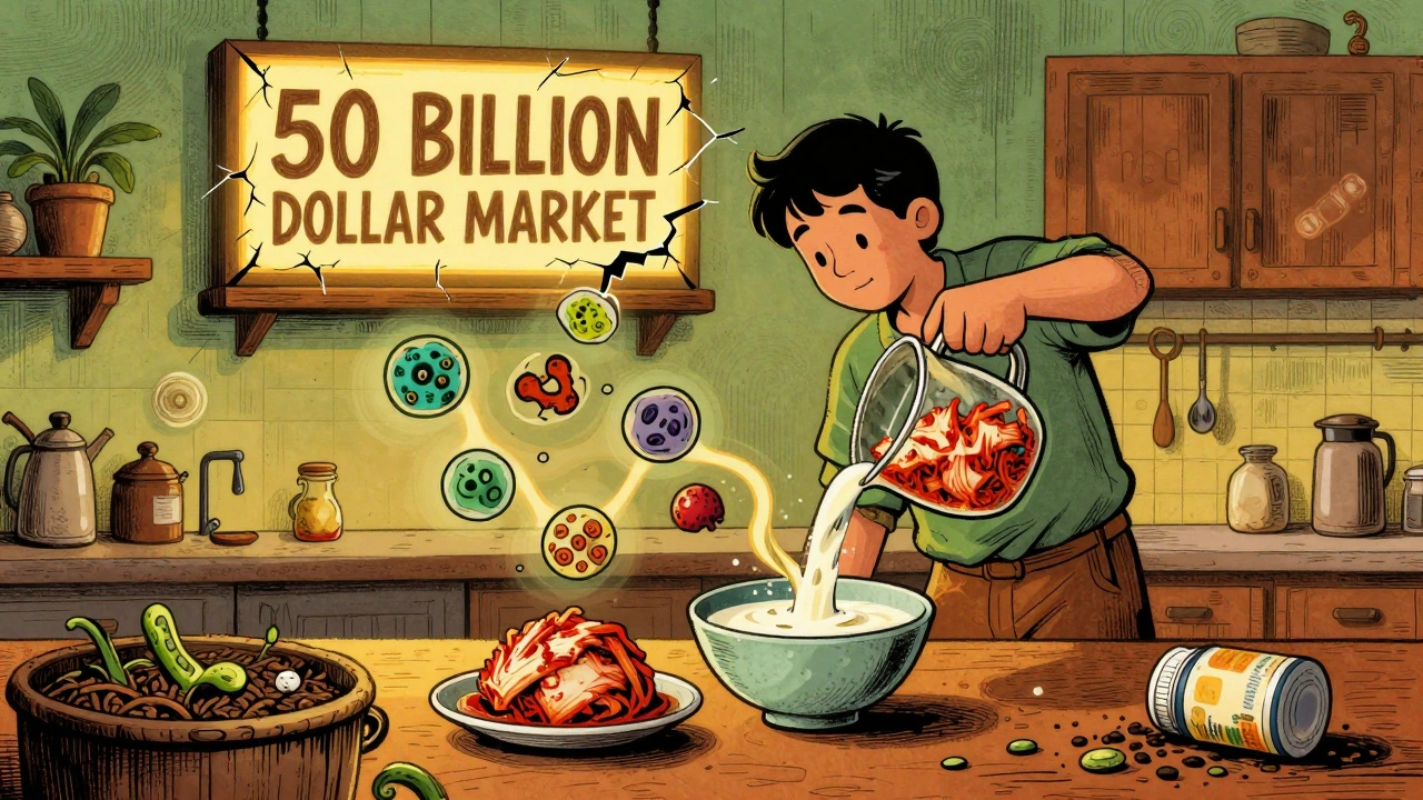 Person eating fermented foods as live cultures flow into their body, while a broken &#039;50 Billion Dollar&#039; billboard fades behind.