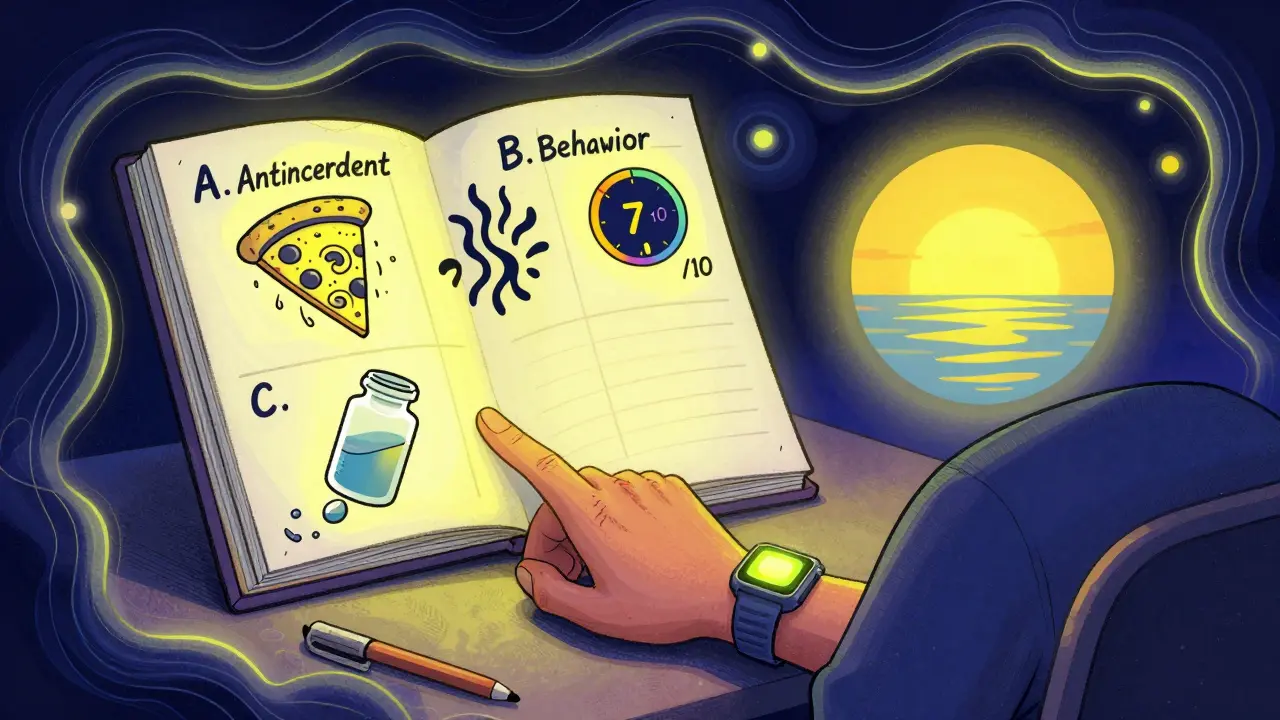 Person with a watch and journal, ABC model chart glowing with icons of food, symptoms, and relief in psychedelic style.