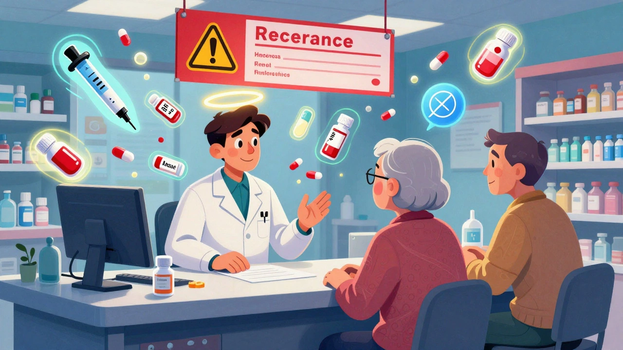 Pharmacist and caregiver consult over floating drug icons and emergency red-list note.