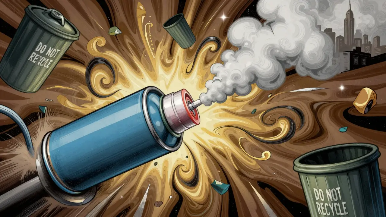 Pressurized inhaler canister exploding into psychedelic steam with warning symbols around it.
