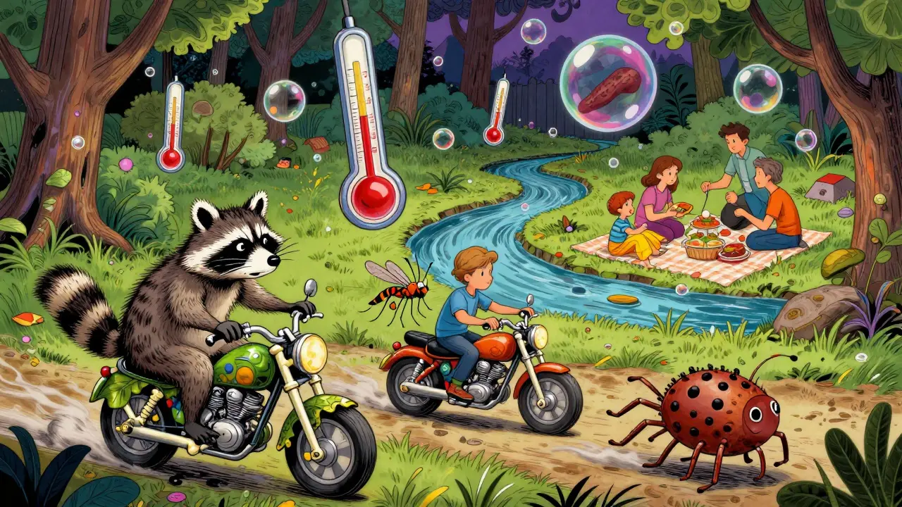 Raccoon, mosquito, and tick on psychedelic motorcycles heading toward a picnic near contaminated water.