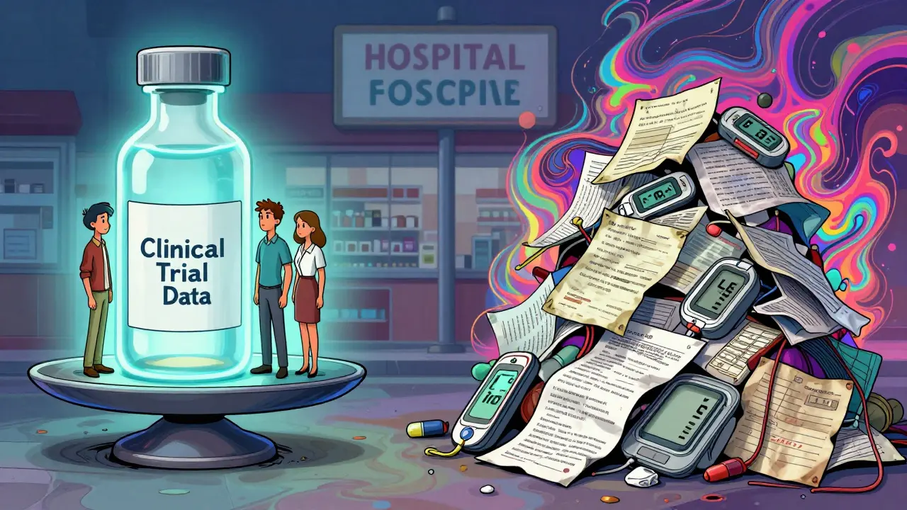 Scale tipping between pristine trial vials and messy real-world medical paperwork in vivid patterns.