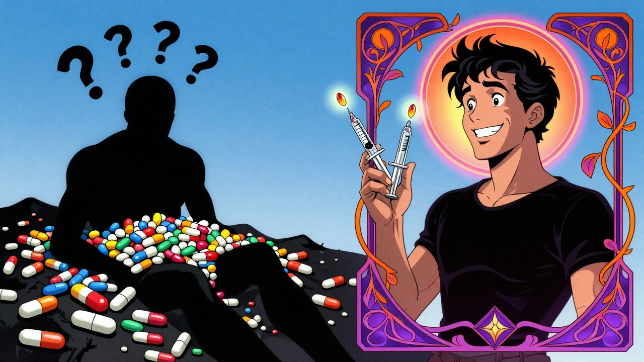 Split image: one side overwhelmed by pills, the other free with two syringes and glowing capsid icons.