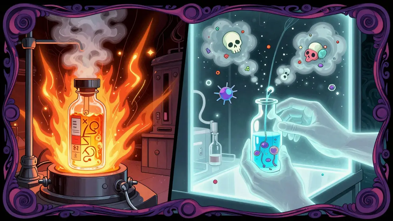 Split scene of steam sterilization and aseptic filling with glowing microbes and ghostly hands.