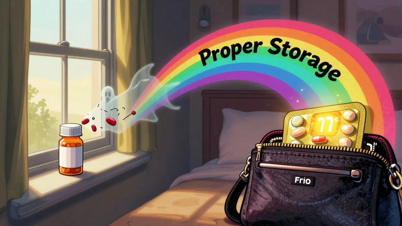Split scene: pills crumbling in hot sun vs. safe in Frio wallet, connected by a rainbow labeled 'Proper Storage'.