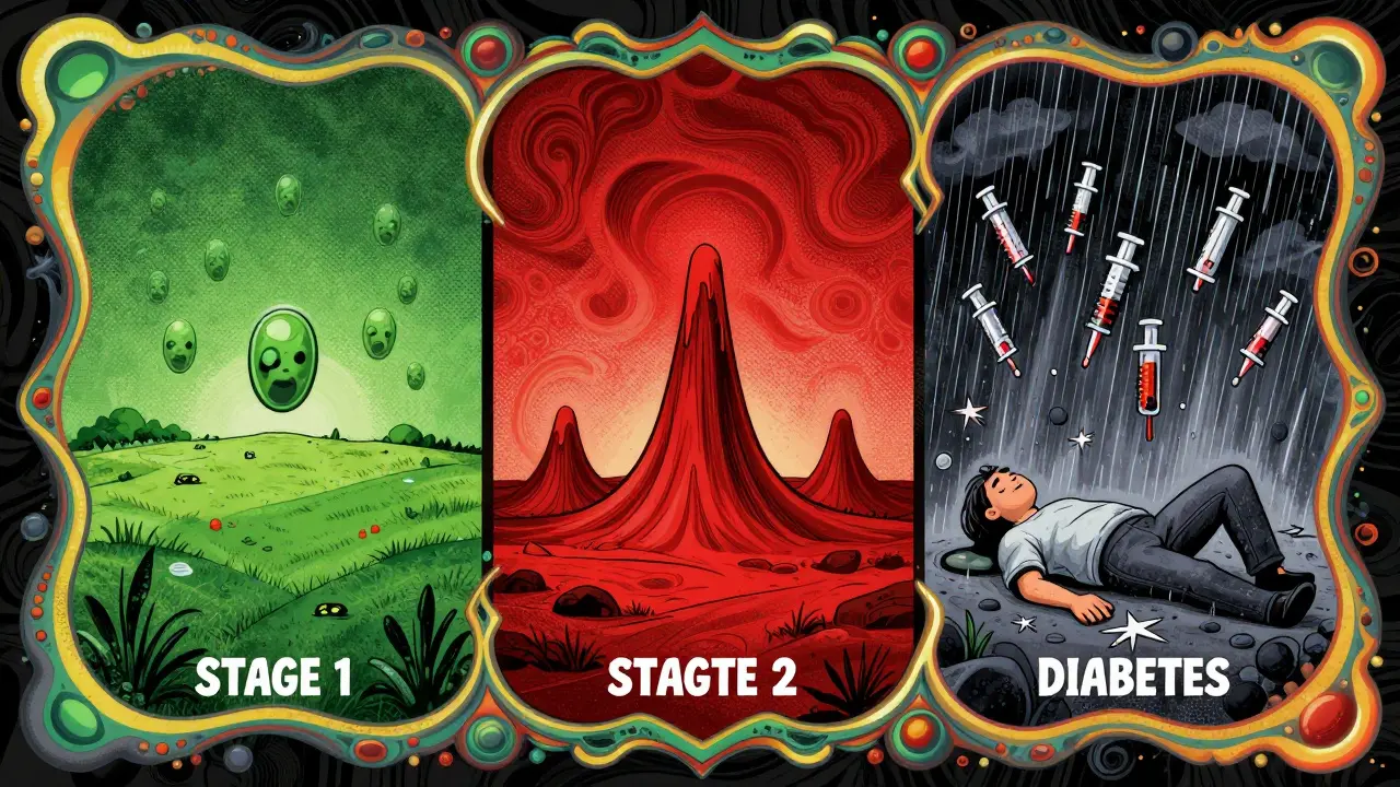 Three psychedelic stages of Type 1 diabetes unfolding as abstract landscapes with rising blood sugar.