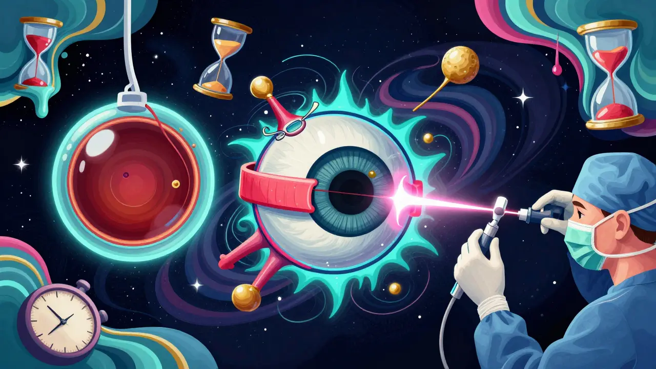 Three psychedelic surgical methods depicted as floating symbols inside a cosmic eye with glowing bands and laser beams.