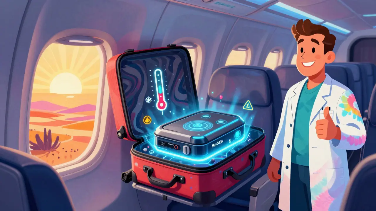 Traveler's carry-on with insulated medication case glowing safely, floating temperature sensors, and pharmacist in tie-dye giving approval.