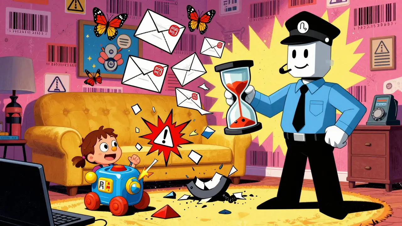 A broken toy sparks warnings as a geometric CPSC inspector holds a crumbling 24-hour hourglass.