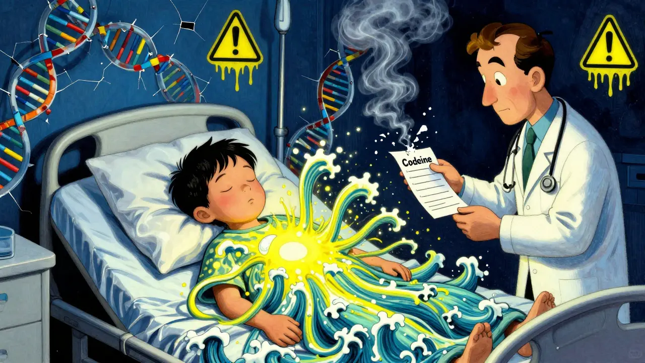 A child sleeping as morphine waves erupt from their body, with a crumbling codeine prescription nearby.