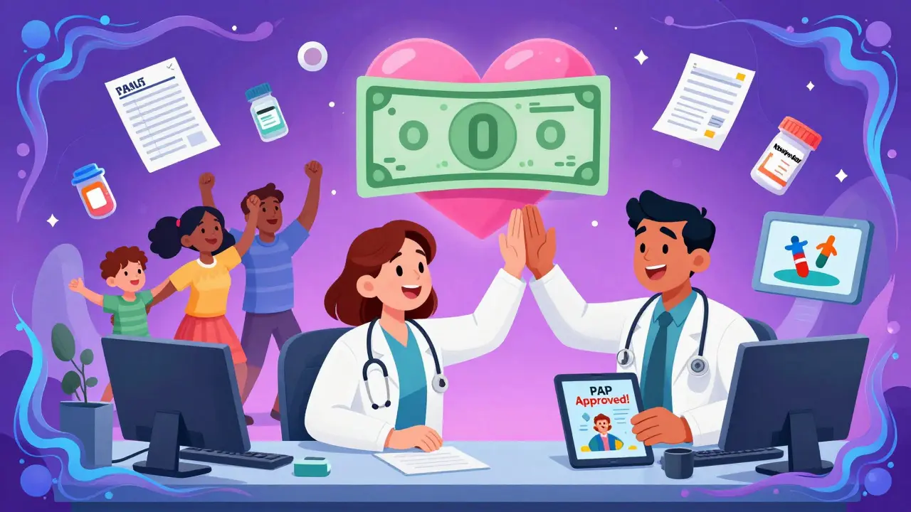 A doctor and specialist celebrate patient approval, surrounded by floating forms and a zero-dollar heart bill.