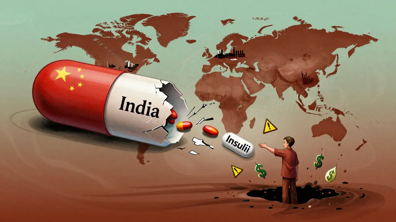 A generic pill breaks apart into global supply fragments as a patient reaches for a missing medicine.
