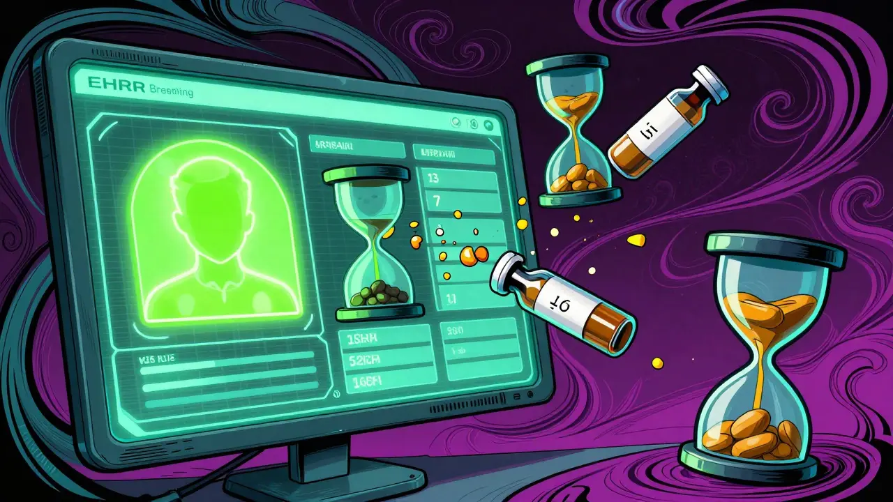 A glowing patient record with countdown hourglasses and dissolving prednisone doses in swirling neon colors.