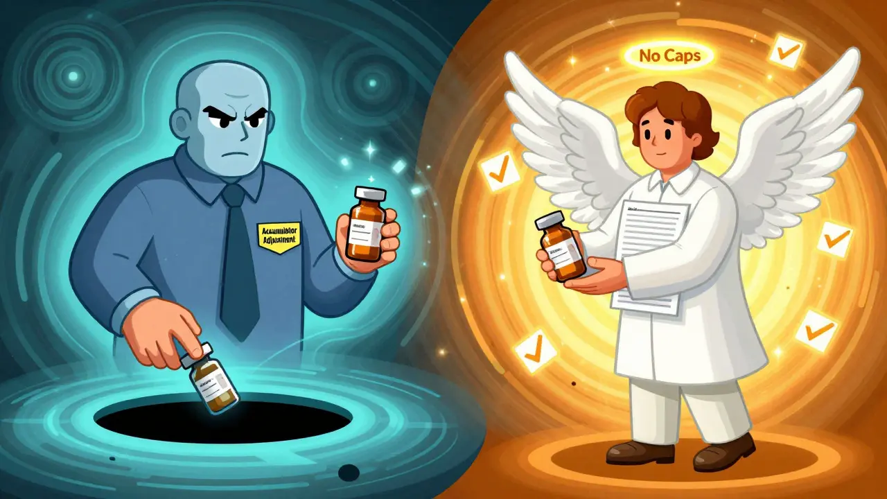 A Medicare patient faces insurance barriers on one side, while nonprofit aid brings hope and light on the other.