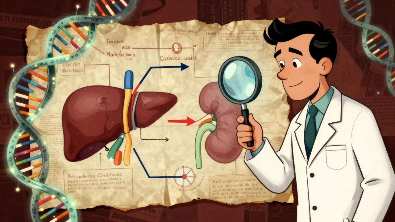 A pharmacist examining a drug pathway chart with glowing DNA markers in vintage psychedelic style.