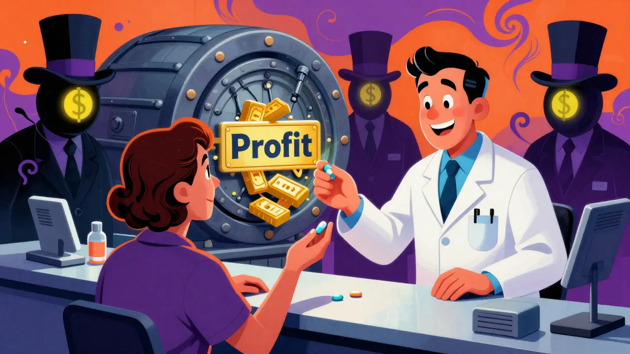 A pharmacist gives a generic pill while shadowy PBMs drain rebates into a profit vault.
