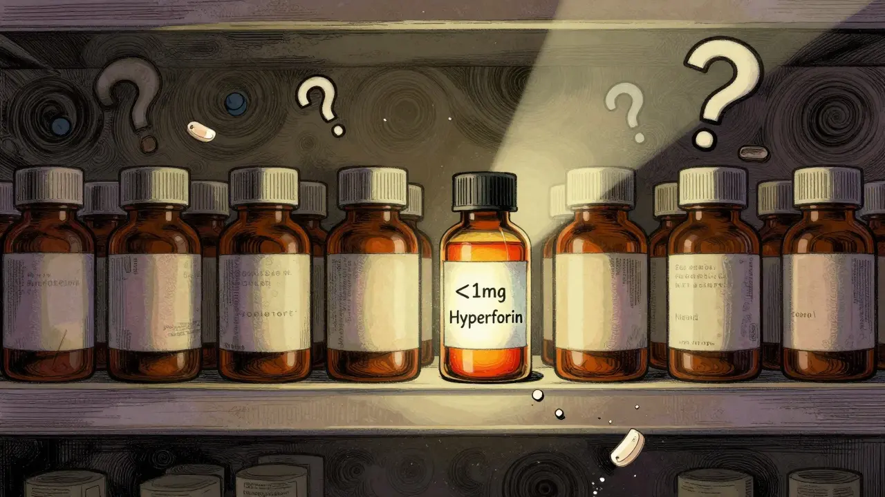 A pharmacy shelf with mostly unlabeled St. John’s Wort bottles, one glowing with a safe hyperforin label amid chaos.