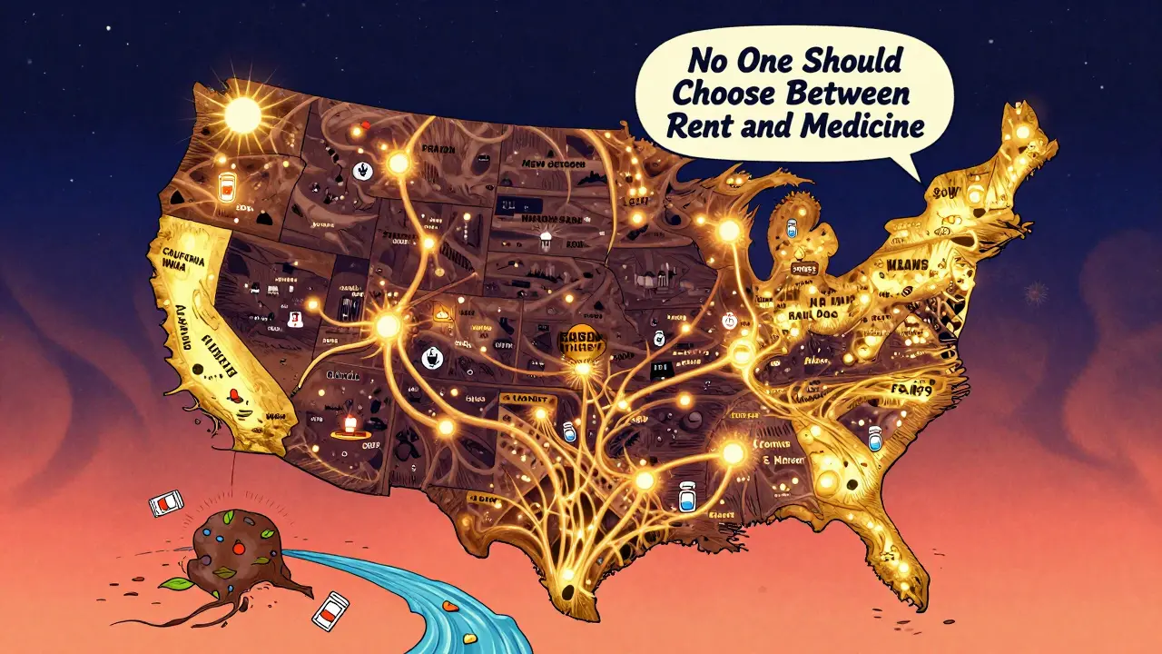 A psychedelic map of the U.S. showing clinic networks and medication pathways glowing with vibrant colors and organic lines.