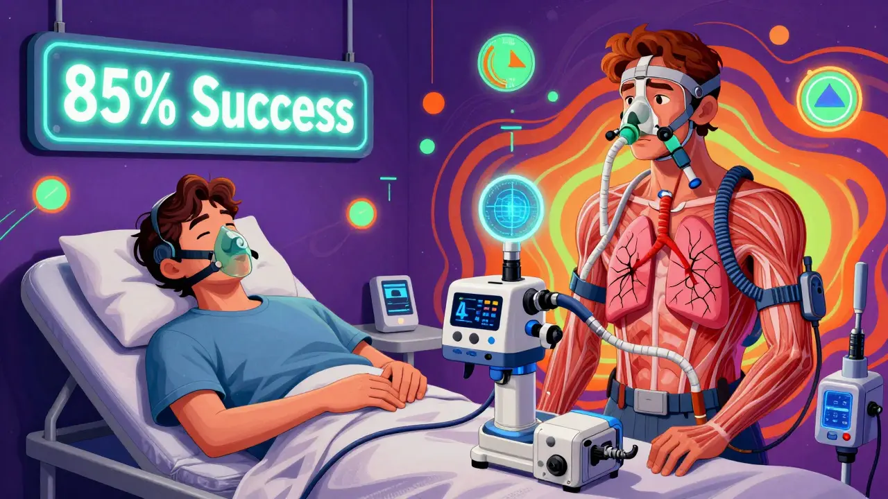 A sleep clinic with patients using CPAP and BiPAP devices, surrounded by floating health symbols and vibrant 1960s-style color waves.