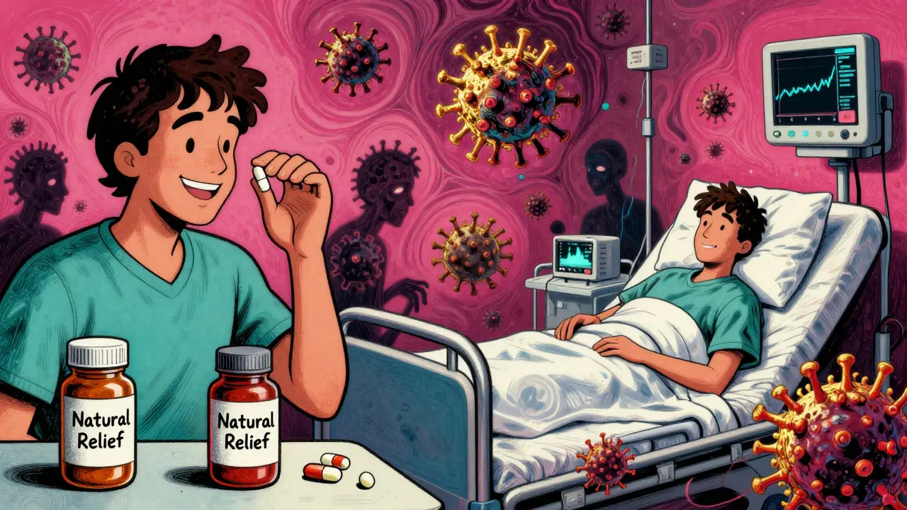 A split scene showing a person taking herbal supplements versus experiencing HIV treatment failure with rising viral load.
