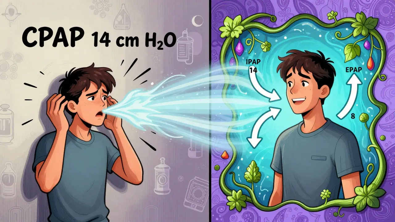 A split scene showing struggle against a solid wall versus smooth dual-airflow arrows guiding breath, in swirling psychedelic illustration.