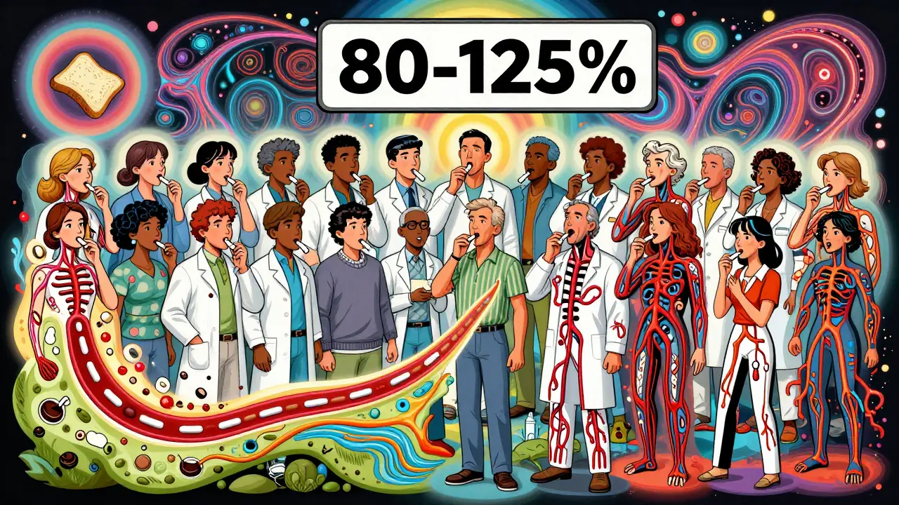 Abstract depiction of volunteers in a clinical trial with flowing internal drug pathways and food disruptions.