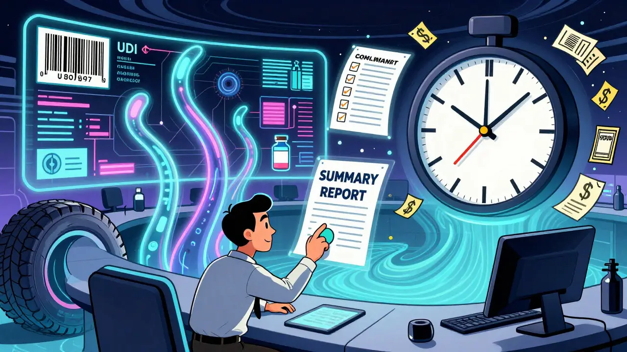 AI tentacles analyze product data under a ticking FDA clock as a small business owner submits a summary report.