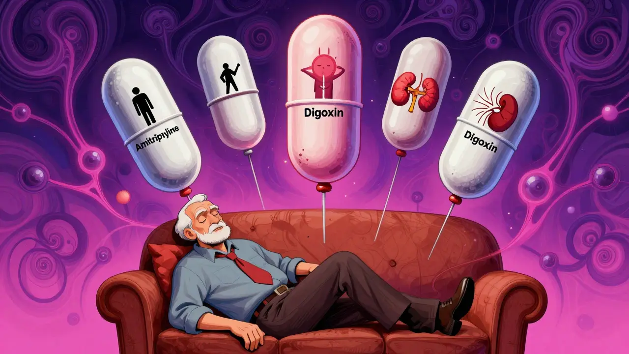 An elderly man dazed as giant, menacing pills float above him with symbolic icons of side effects.