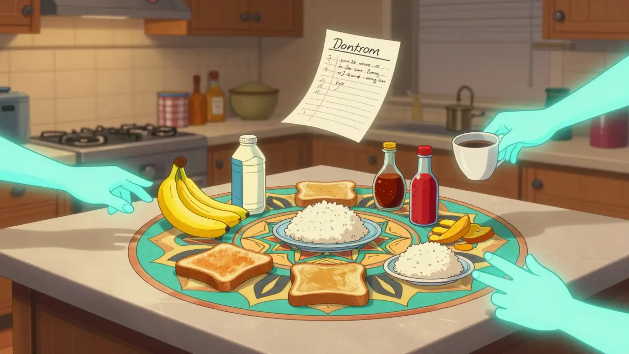 Bland foods in a mandala on a counter while dairy and coffee are pushed away, with stool log floating above