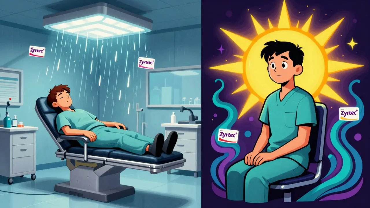Contrasting scenes of drowsy patient with Benadryl vs. alert patient with Zyrtec in swirling psychedelic medical art.