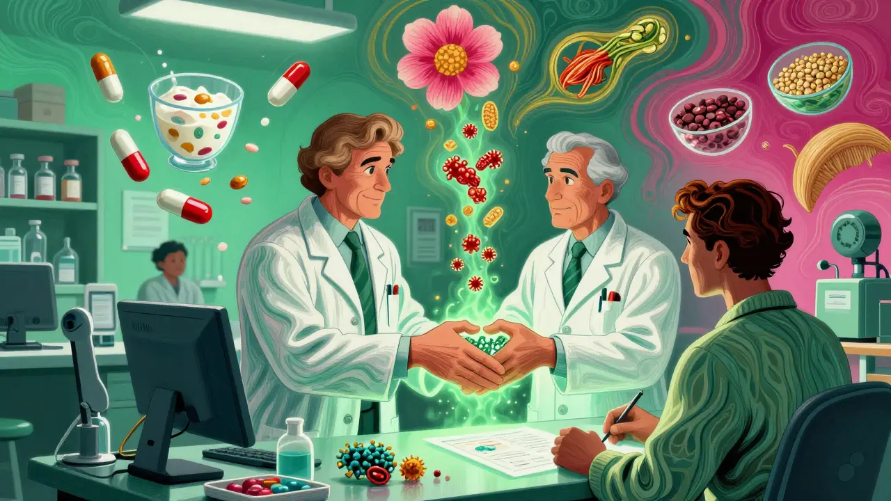 Doctor and pharmacist sharing a handshake with patient over a glowing chart of healthy gut foods.