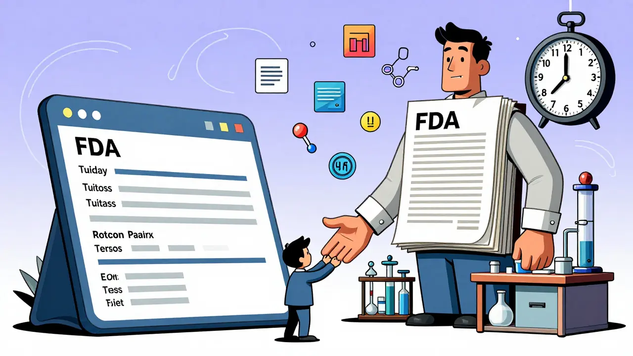 Generic drug company handing ANDA application to a towering FDA regulator in swirling design
