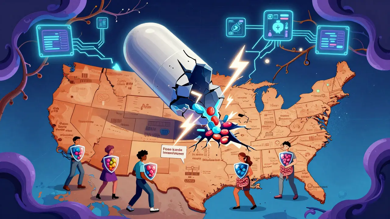 Giant cracked antibiotic pill over U.S. map as people protect their guts with probiotics and AI patterns.