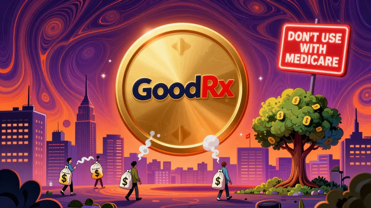 GoodRx Gold badge above pharmacies with people carrying saved meds, warning sign in corner, psychedelic background.