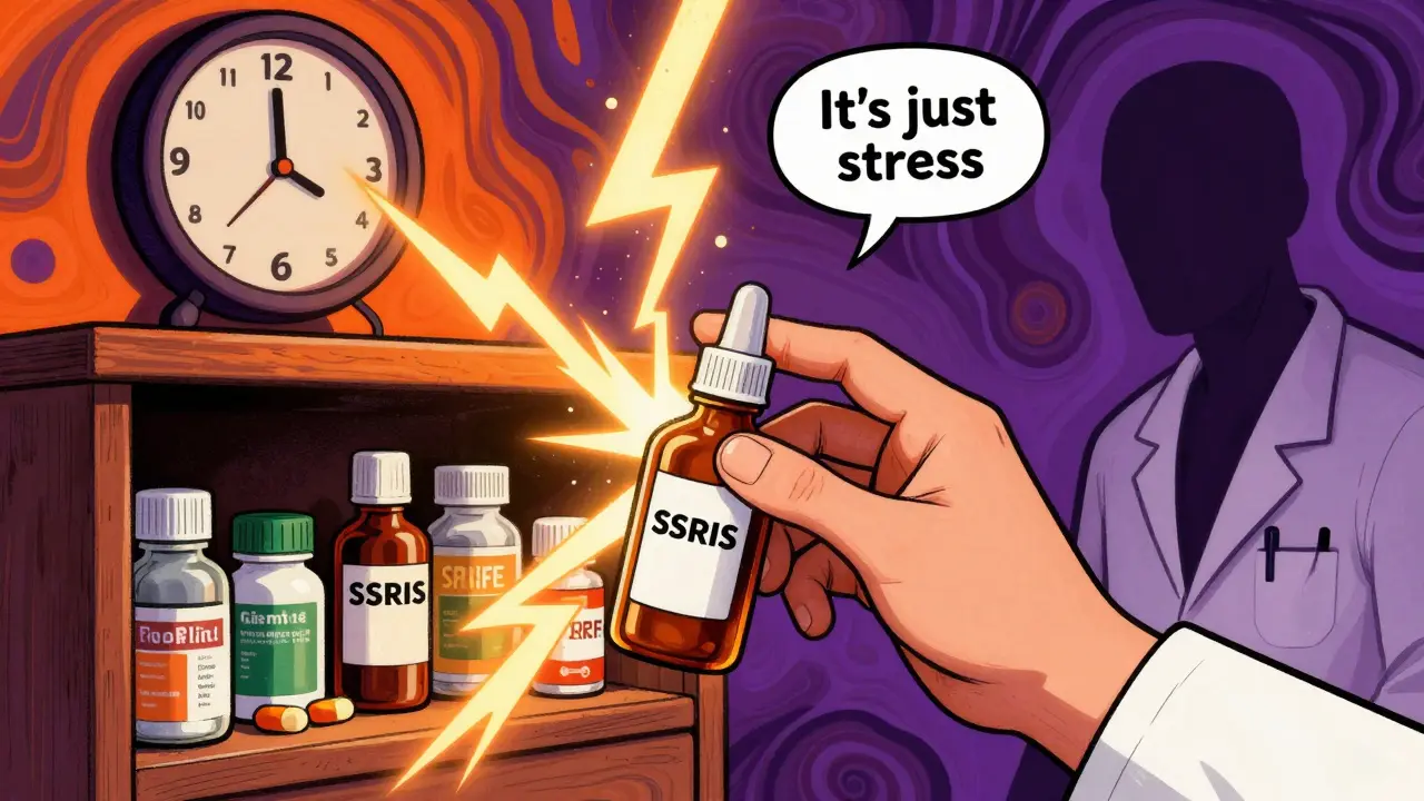 Hand reaching for cough syrup next to antidepressants, lightning bolts connecting dangerous drugs
