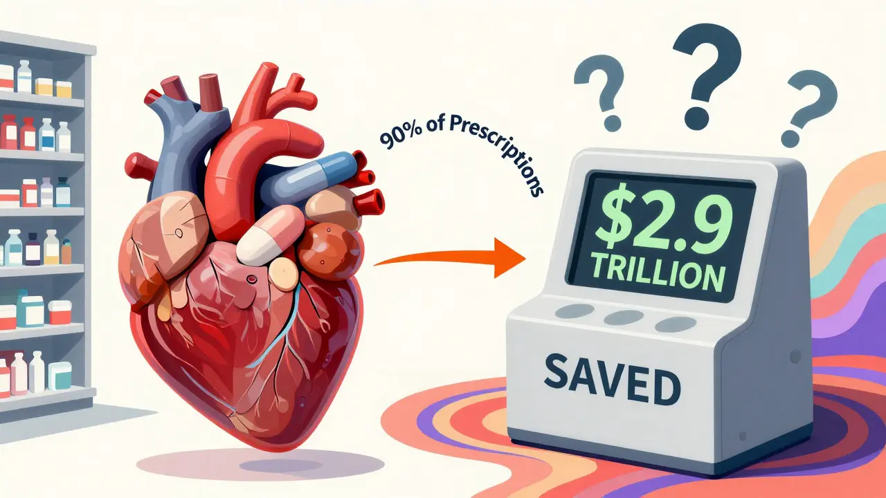 Heart made of generic pills with dollar savings counter, surrounded by psychedelic waves.