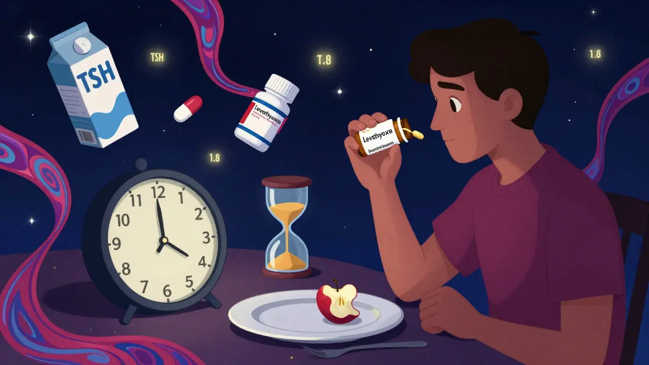 Nighttime dose of thyroid medication with clock at 10 p.m., forbidden items wrapped in swirling patterns.