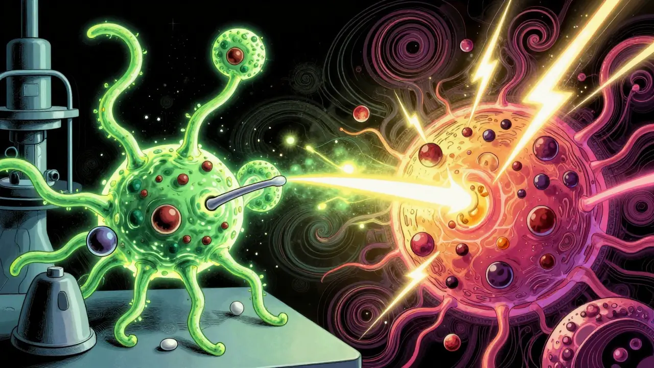 Omeprazole tendrils disabling a fungal drug pump, allowing fluconazole to surge through Candida cells in vibrant psychedelic patterns.