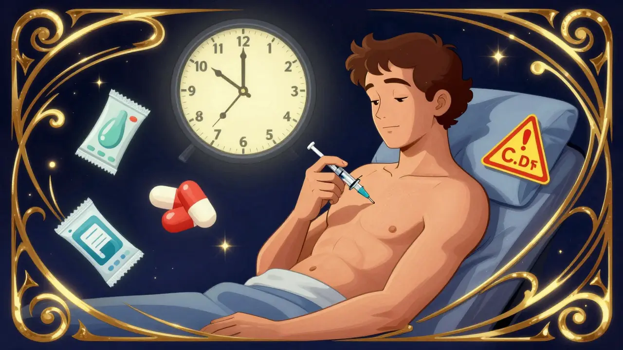 Patient giving octreotide injection with floating medication icons and warning signs in swirling art style